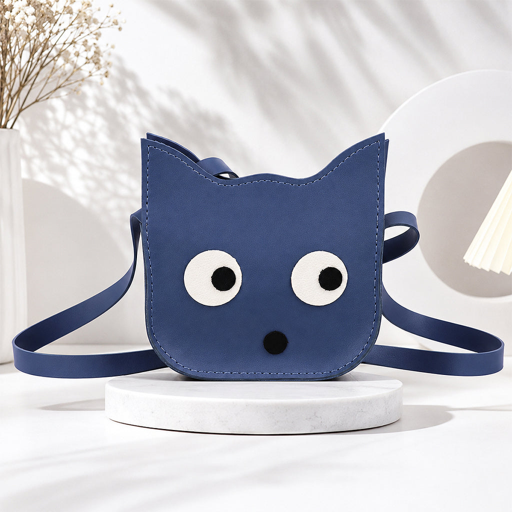 MILO Playful Blue Cat-Shaped Crossbody Bag – Kawaii Oversized-Eye Novelty Purse for Girls