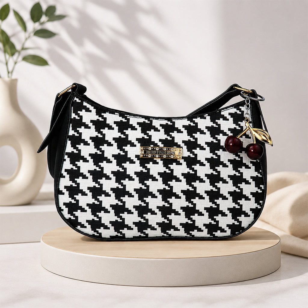 NOIR Black-and-White Houndstooth Shoulder Bag
