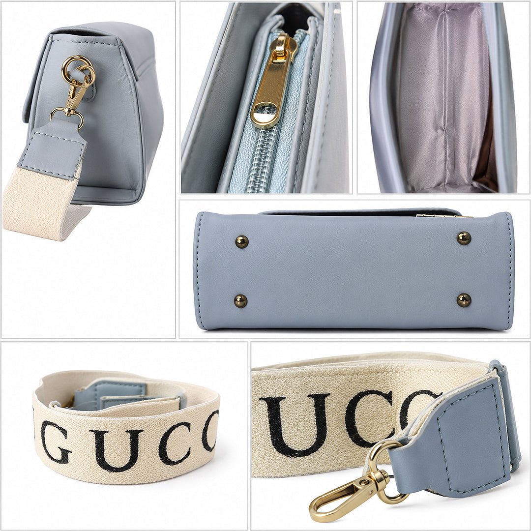 Nomad Stylish Light Blue Shoulder Bag – Flap-Over Baguette with Wide Fabric Strap