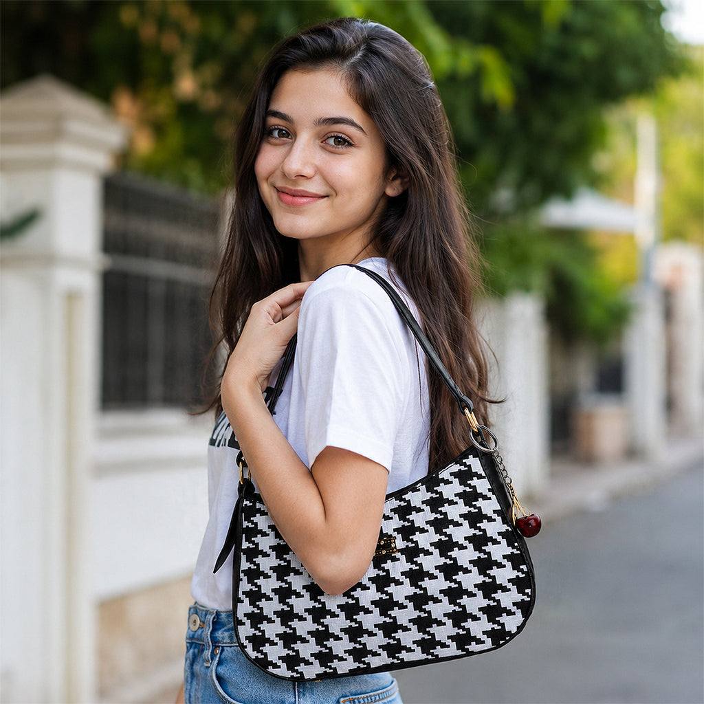NOIR Black-and-White Houndstooth Shoulder Bag