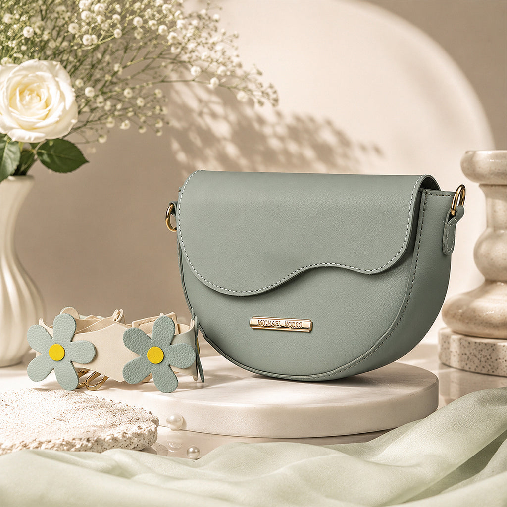 Crest Pastel Green Saddle Shoulder Bag Wavy Flap Design
