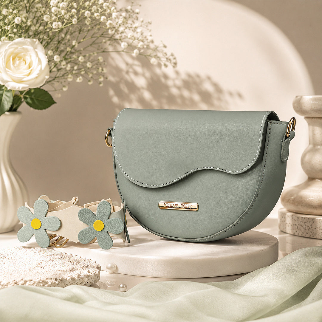 Crest Pastel Green Saddle Shoulder Bag Wavy Flap Design