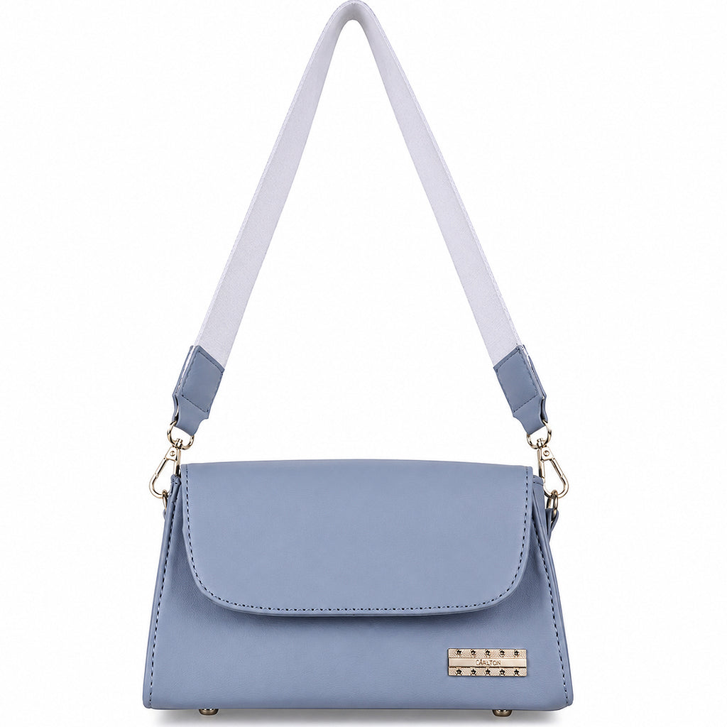 Nomad Stylish Light Blue Shoulder Bag – Flap-Over Baguette with Wide Fabric Strap