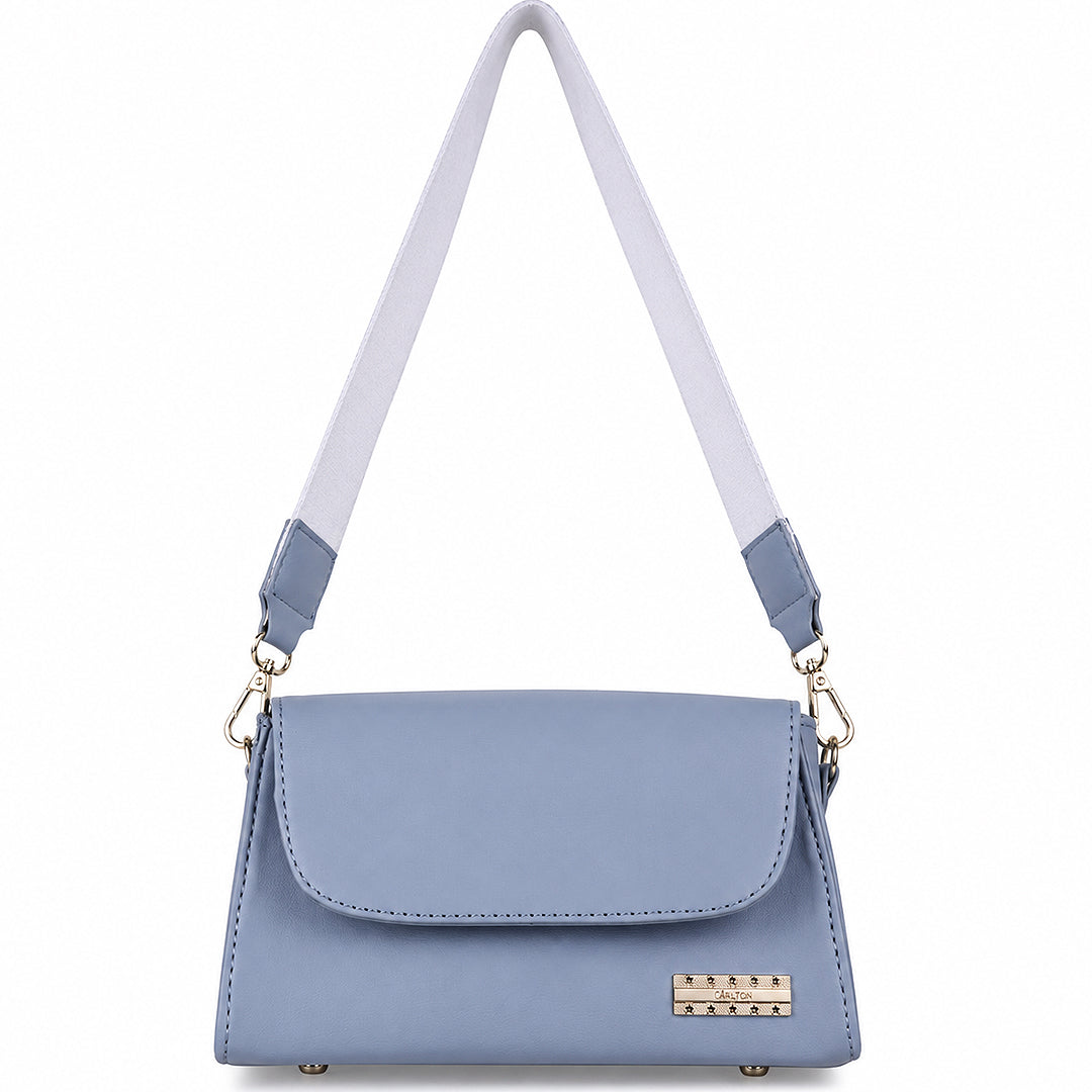Nomad Stylish Light Blue Shoulder Bag – Flap-Over Baguette with Wide Fabric Strap