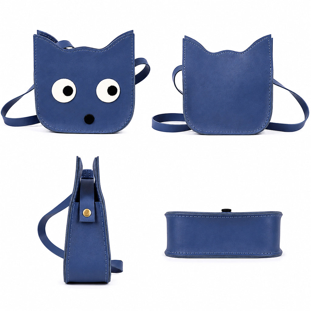 MILO Playful Blue Cat-Shaped Crossbody Bag – Kawaii Oversized-Eye Novelty Purse for Girls