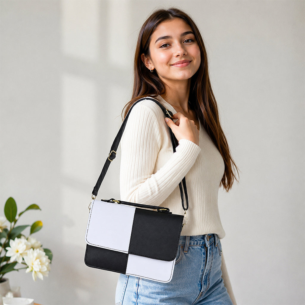 Mosaic Black and White Color-Block Crossbody Handbag