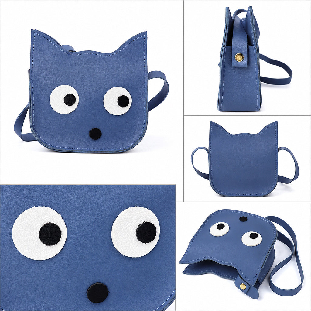MILO Playful Blue Cat-Shaped Crossbody Bag – Kawaii Oversized-Eye Novelty Purse for Girls