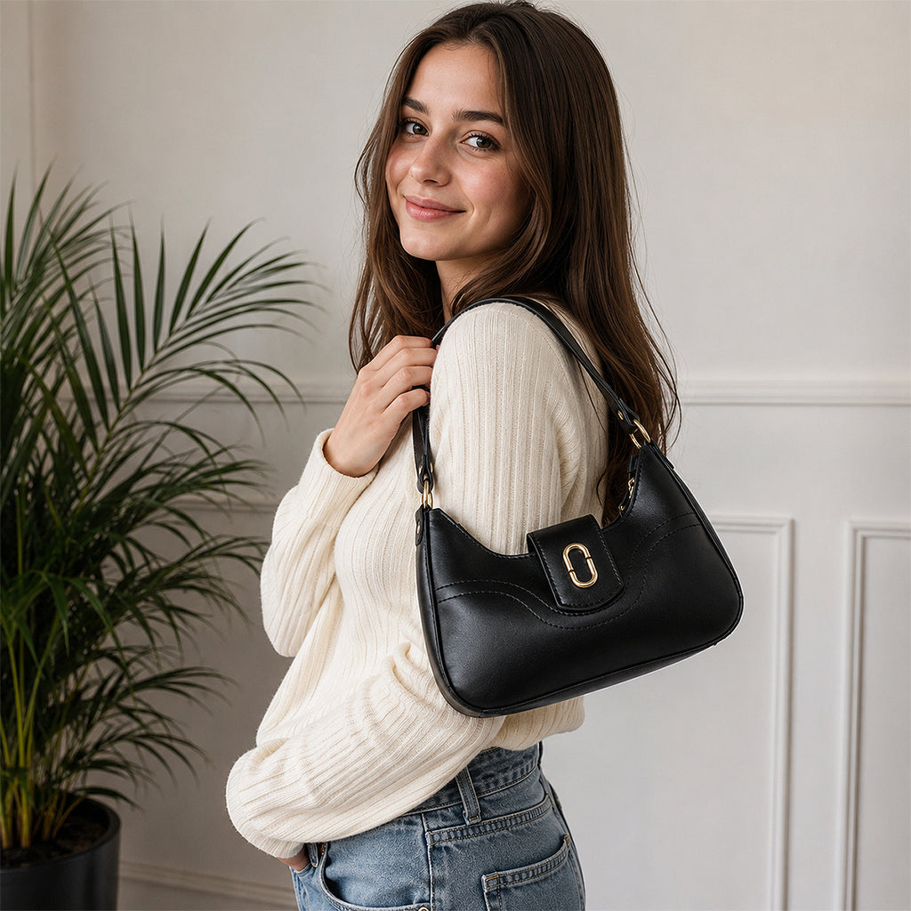 GLYPH Chic Black Genuine Cowhide Leather Shoulder Bag