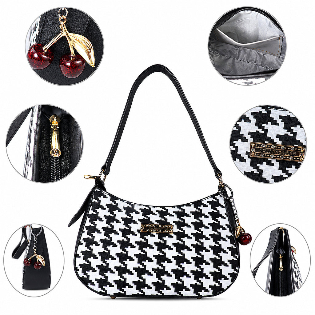 NOIR Black-and-White Houndstooth Shoulder Bag
