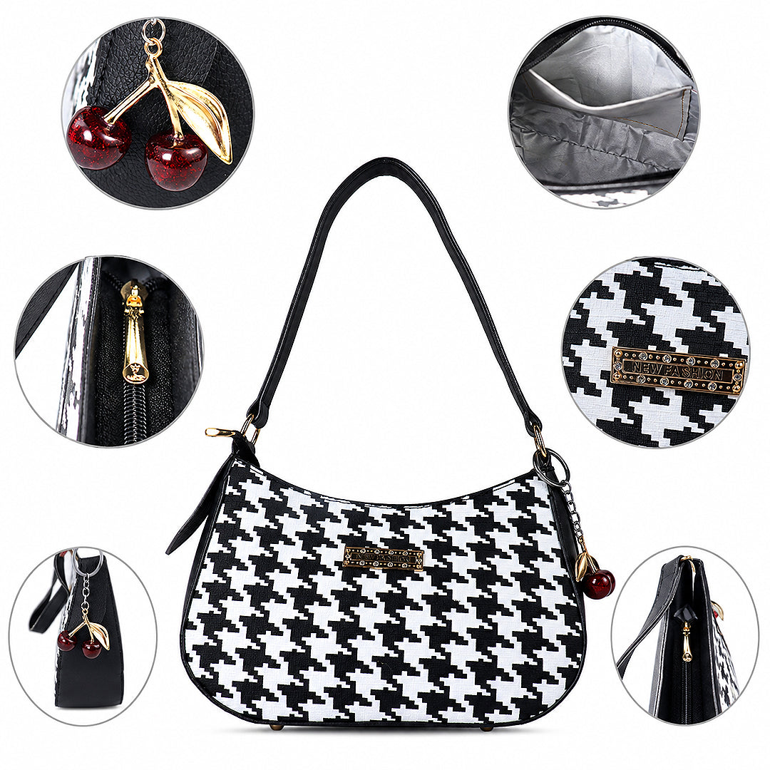 NOIR Black-and-White Houndstooth Shoulder Bag