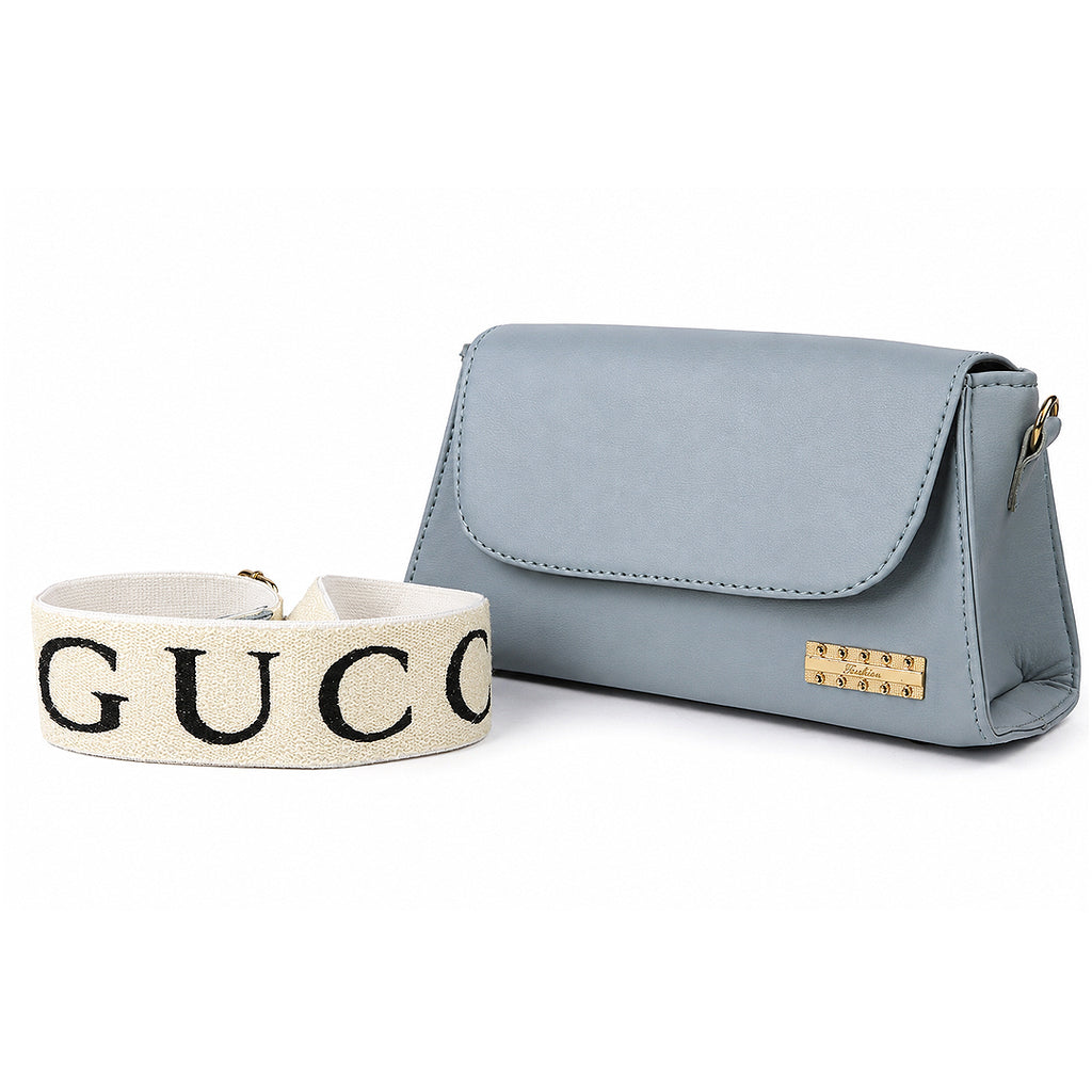 Nomad Stylish Light Blue Shoulder Bag – Flap-Over Baguette with Wide Fabric Strap