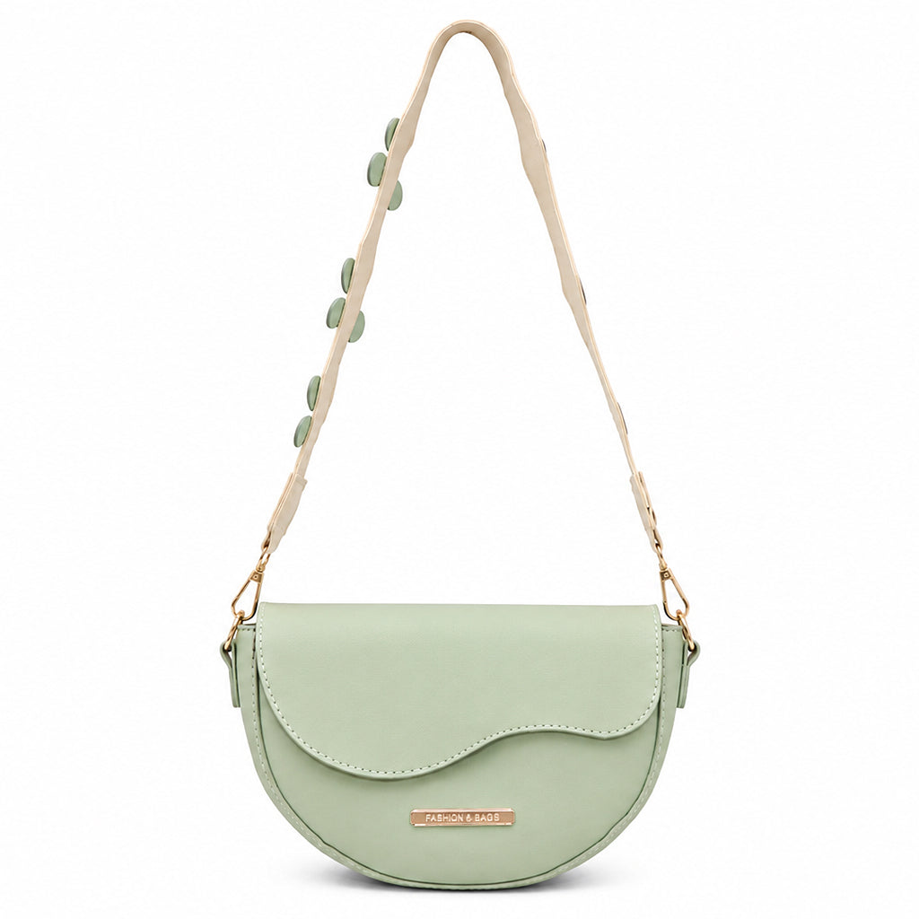 Crest Pastel Green Saddle Shoulder Bag Wavy Flap Design