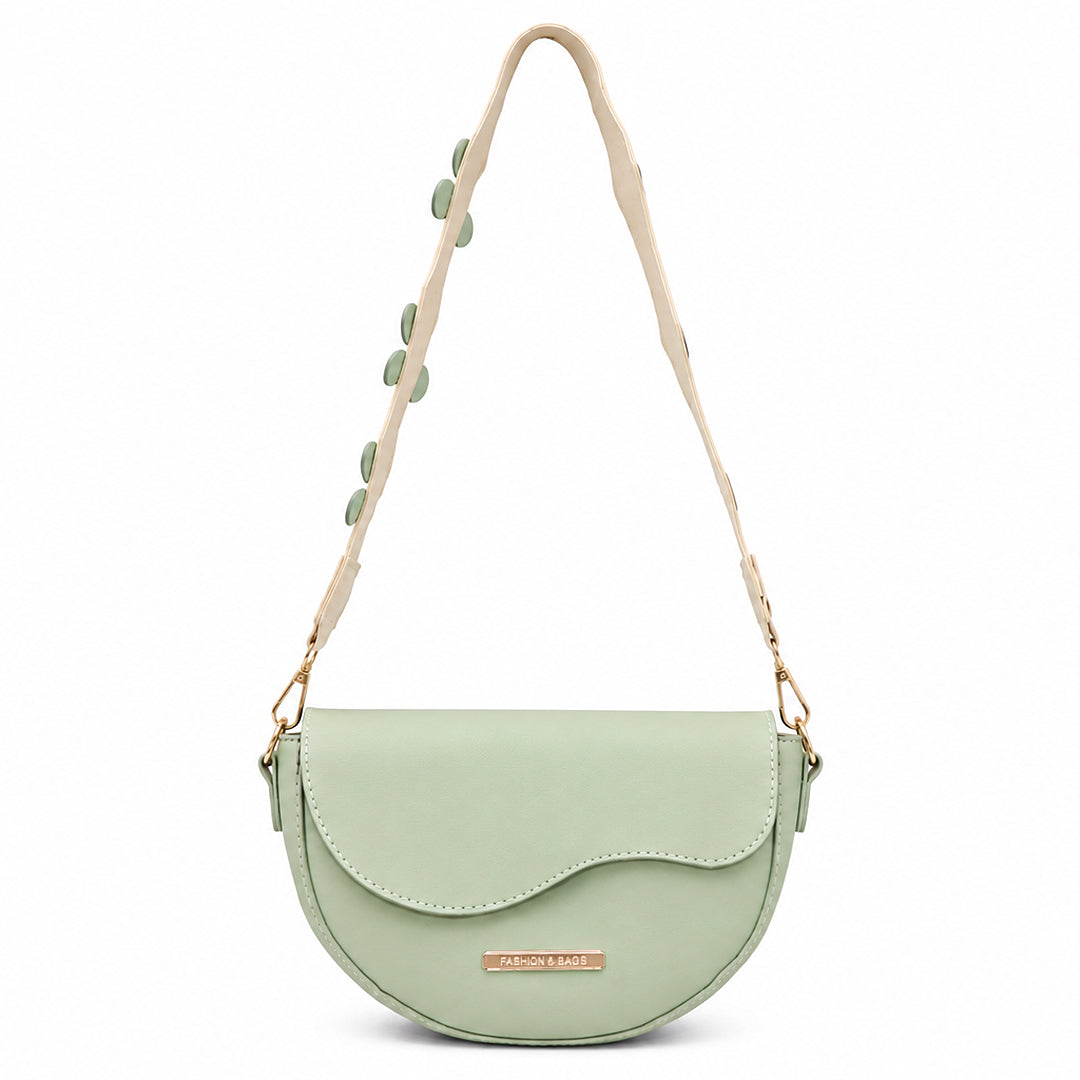 Crest Pastel Green Saddle Shoulder Bag Wavy Flap Design