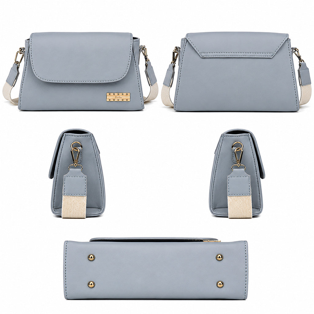 Nomad Stylish Light Blue Shoulder Bag – Flap-Over Baguette with Wide Fabric Strap